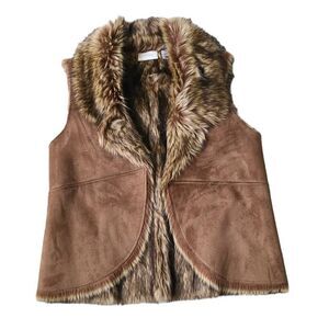 Chico's Open Front Vest Womens Large Brown Sleeveless Collared Faux Fur Thermal